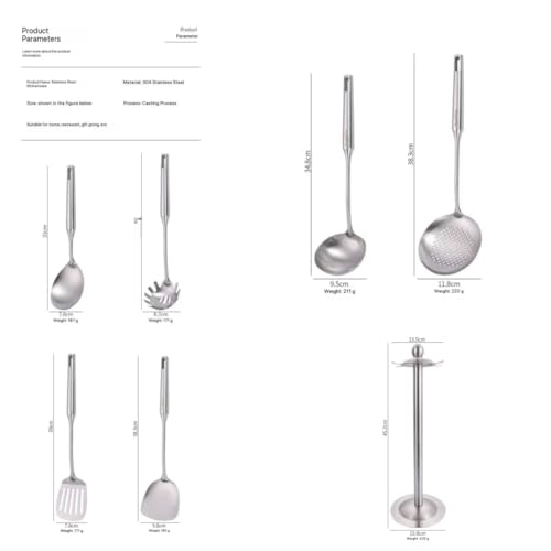 Premium 7-Piece Gold Kitchen Utensil Set with Stand, Stainless Steel Cooking Tools- Countertop Rotating Stand, Spatula, Ladle, Skimmer, Turner, Pasta, Large Spoon, Luxury Brass Kitchen Accessories - Image 3