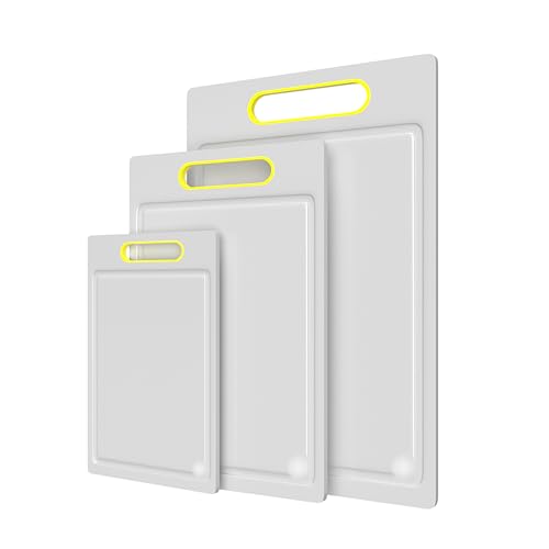 Set 3 Taglieri in Plastica con Maniglia, Tagliere per Cucina, Maxi Spessore 1cm, Con Scalanatura Antiscolo, Lavabili in Lavastoviglie, Tre Dimensioni, Made in Italy