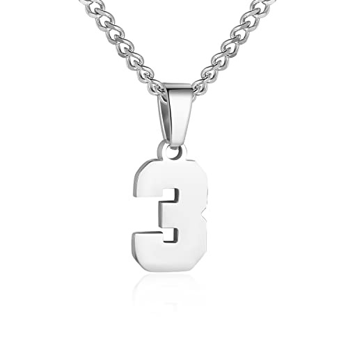 Susook Number Necklace for Men Silver Athletes Number Chain Stainless Steel Charm Pendant Personalized Sports Jewelry for Men Basketball Baseball Football(3)