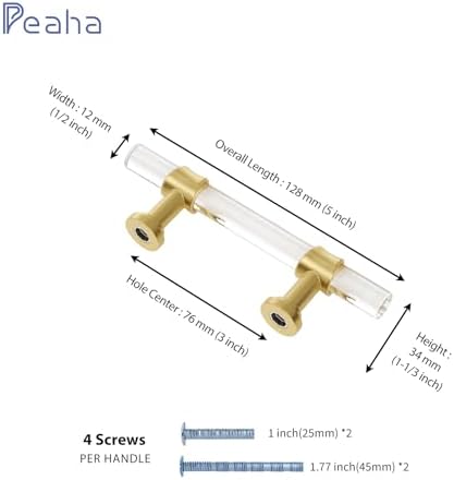 Peaha 10 Pack Acrylic Drawer Pulls Kitchen Cabinet Handle Gold Dresser Drawer Pull Brushed Brass Cabinet Hardware, 3in Hole Center, 5 Inch Overall Length