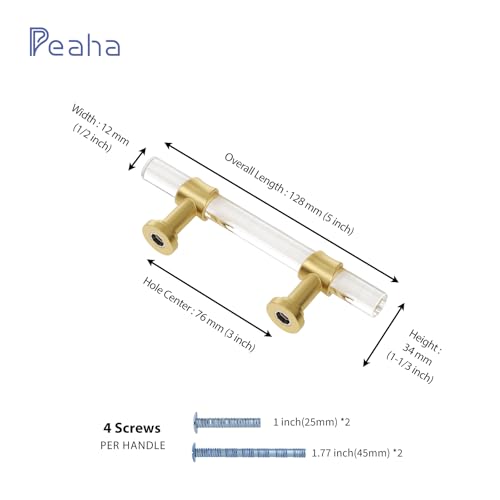 Peaha 10 Pack 3 Inch Acrylic Cabinet Pulls Gold Drawer Handles Brushed Brass Hardware Zinc Alloy for Dresser Cupboard Kitchen