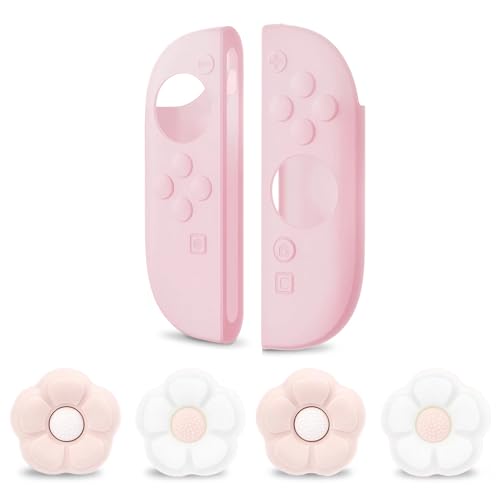 Coque Silicone Manettes, Compatible avec Switch 2, Capuchons de Joystick Fleur, Protection Antidérapante Rose avec 4 Grips Pouce, Accessoires de Protection Légers