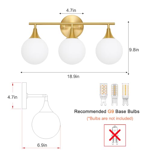 Image of Daunton Modern Brushed Gold Bathroom Vanity Light - Energy Efficient G9 Base Bathroom Lighting Fixtures Over Mirror, Milk Glass Shade Anti-Glare 19 Inch Soft Illumination for Makeup & Shaving