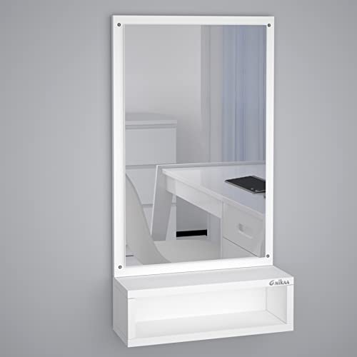 Image of Anikaa Jinny Decorative Wall Hanging Mirrors with Shelf for Dressing Table Bedroom Living Room (White) Matte Finish, Unframed, Engineered Wood, Rectangular