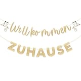 G2PLUS Willkommen Zuhause Girlande: Champagnergold Baby Banner mit Weißstorch, Papier Dekoration für Unisex Geburt Heimkehr Baby Party