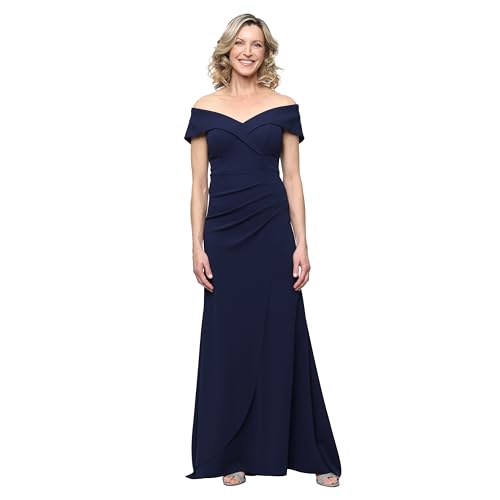 Image of Alex Evenings Women's Off the Shoulder Stretch Crepe Dress with Fishtail Back, Floor Length Mother of the Bride Dress