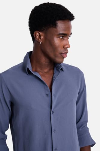 Image of SNITCH Men Casual Shirt | Slim Fit Long Sleeve Spread Collar Vertical Crinkle Textured Pattern | Breathable Polyester Blend & Stretchable Fabric for Casual Outing & Everyday Use
