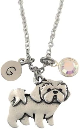 Personalized Shih Tzu Necklace with Optional Initial and Birthstone - Lhasa Apso Dog Memorial Gift