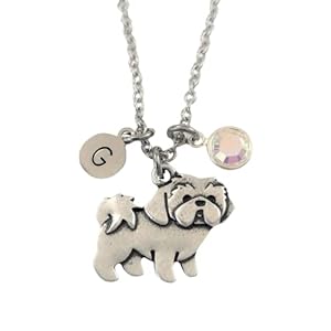 Personalized Shih Tzu Necklace with Optional Initial and Birthstone – Lhasa Apso Dog Memorial Gift