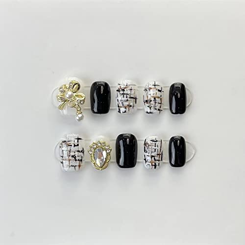 CEBOIC Uñas Postizas, Pegamento Uñas Postizas cortas Hechas a Mano, Press on Nails Blanco y Negro con Tartán Para Uso Diario en Fiesta de Mujeres y Niñas, 10 piezas Uñas Acrilicas Kit Completo