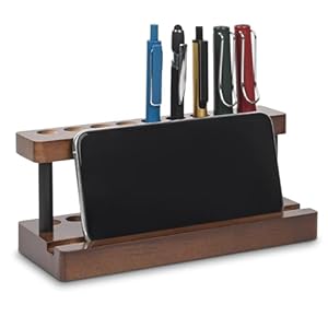 Wooden Pen Holder for Desk, Wood Pencil Holder Fountain Pens Display Stand with 9 Slots and Phone Holder, Stylish Office Desk Decor, Pen Organizer for Office, Home