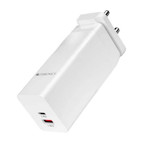 Image of ZEBRONICS RC30B,100W, Gan Charger,Dual-Ports (Type C & USB 3.0),PD 3.0 (PPS) Compact Design, Built in Protections,Smart IC,Detachable Plug,Compatible for iPhone,Android & Laptop, White