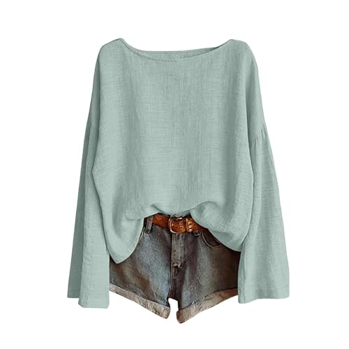 Linen Tops for Women Dressy Casual Long Sleeve Crew Neck Gauze Shirts Summer Lightweight Loose Solid Blouses 2026#02 Mint Green Medium