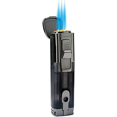 PROMISE Triple Jet Flame Lighter Refillable Butane Lighter Windproof Lighter with Cigar punch - Butane Not Included (Black-E) Cover