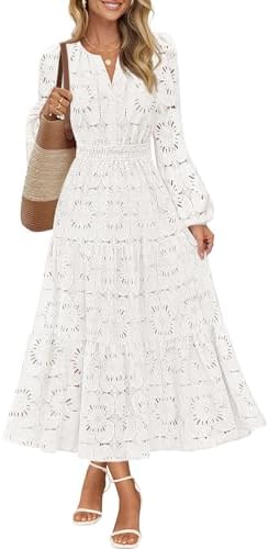 MEROKEETY Women's Fall Long Sleeve Eyelet Lace Floral Maxi Dress