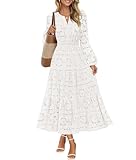 MEROKEETY Women's Fall Long Sleeve Floral Maxi Dress Lace Eyelet Hollow Out Tiered Boho Wedding Guest Dresses Pockets, White, Large