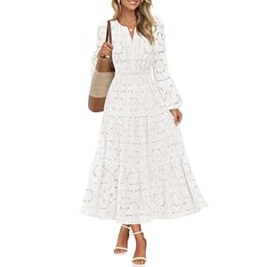MEROKEETY Women’s Fall Long Sleeve Floral Maxi Dress Lace Eyelet Hollow Out Tiered Boho Wedding Guset Dresses Pockets