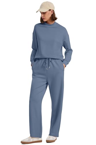 Image of WIHOLL Two Piece Sets for Women Fall Outfits Lounge Sets Mock Neck Tops Wide Leg Pants Vacation Travel Airport Outfits