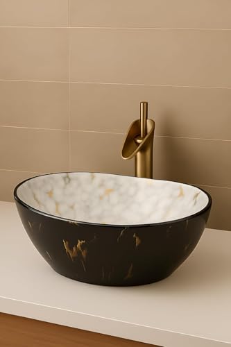 Image of Premium Ceramic Table Top Wash Basin, Modern Designer Vessel Sink for Bathroom & Vanity Countertop, Elegant Over Counter Basin, 16 x 13 x 5.5 Inch