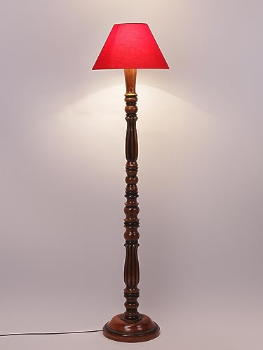 Image of Floor Lamp with Wooden Base - Height 55 inch, Red | Modern Standing Lamp for Living Room, Bedroom & Office | Stylish & Elegant Home Lighting Decor | Tall Decorative Lamp