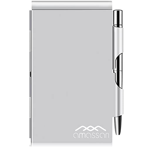 amassan Metal Pocket Notebook, Portable Small Pocket Notepad Aluminum Note Case with Mini Metal Pen and 60-Page Sheets (Pure Sliver)