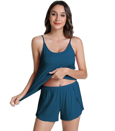 Image of NACHILA Women's Pajamas Set-Viscose Made from Bamboo,Sleeveless Sleepwear Cami Pajamas Shorts Sets Soft Nightwear Camisole Pj