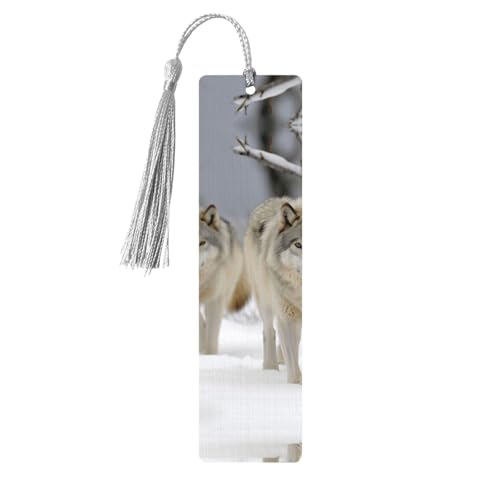 雪の中を歩く二匹のオオカミ タッセル付きしおり 木製しおり 女性用 男性用 ハンドメイド ブックマーク 読書ページマーカー 木製タグ オーナメント 誕生日 教師 ギフト