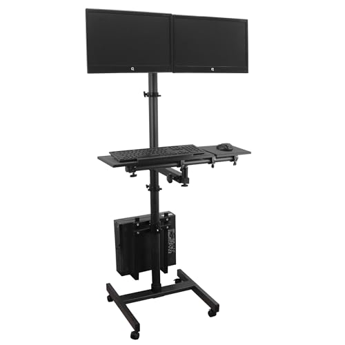 Image of Isomars Computer Standing Desktop Workstation with Dual Monitor Mount Adjustable Height with Keyboard & Mouse Tray Space for CPU Holder, Sit Stand Table Comes with Wheel for Easy to Move