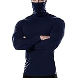 Men's Thermal Compression Shirts Hoodie with Mask, Long Sleeve Winter Sports Base Layer Top, Active Running Shirt Navy