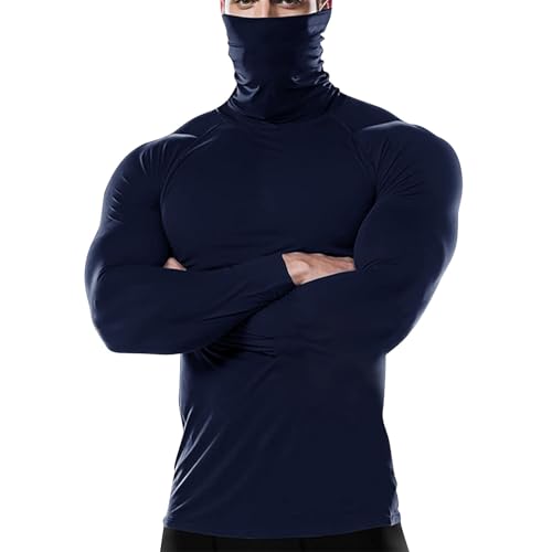 Men's Thermal Compression Shirts Hoodie with Mask, Long Sleeve Winter Sports Base Layer Top, Active Running Shirt Navy