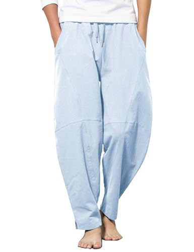 Pantalon sarouel en lin bleu ciel idéal pour vos séances de yoga et sorties plage en été