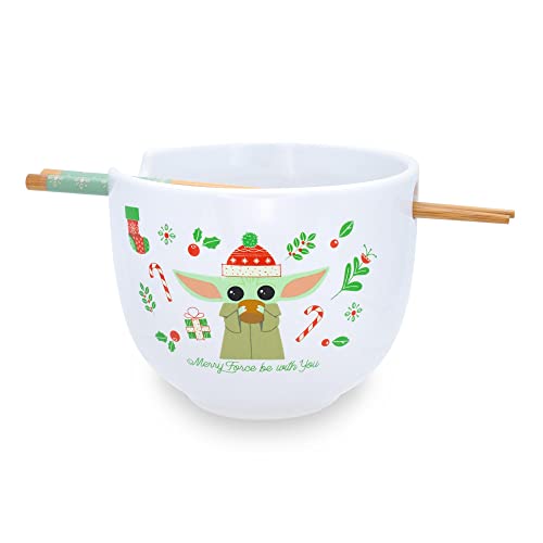 Star Wars: The Mandalorian Grogu The Child "Merry Force Be With You" Ceramic Dinnerware Set | Includes 20-Ounce Ramen Noodle Bowl And Wooden Chopsticks #TOP6