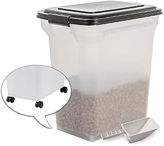 Iris Ohyama, Pet Food Storage Container 20 L for 7,5 kg, Flip-Up Lid, Airtight, Transparent, Shovel and Wheels, for Dog and Cat Food - Air Tight Food Container ATS-M - Grey