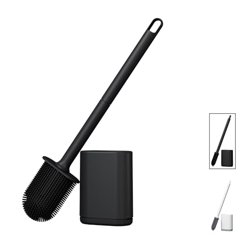 Escobilla de Baño Silicona Premium | Cepillo Grueso Cerdas TPR Flexibles, Secado Rápido, Limpieza WC 360º | Incluye Soporte Escobillero Antigoteo, Montaje Suelo o Pared (1 ud, Negro)