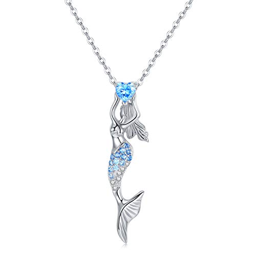 Cuoka Mermaid Necklace, 925 Sterling Silver Mermaid Pendant Necklace Nautical Jewelry Ariel Necklace for Women Mermaid Decor Mermaid Lover Gift (A-Blue Mermaid Necklace)