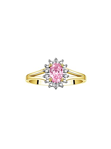 Image of Rylos Halo Ring: Diamond Birthstone with 6X4MM Oval Gemstone - Women's Jewelry in Yellow Gold Plated Silver - Stunning Diamond Ring Sizes 5-10