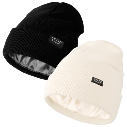 Image of 2 Pack Satin Lined Beanies for Men and Women Warm Cuffed Winter Hats | 60% cotton and 40% acrylic knit with smooth satin lining, stretch fit, cuffed ear coverage, and two-hat value for winter wear