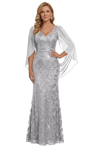 IMCACTOR Women's Sequin Mother of The Bride Dresses Long Silver Mermaid Mother of The Groom Dress V Neck Formal Evening Gowns with Cape Sleeves US08