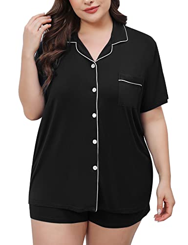 SWOMOG Women's Plus Size Pajamas Set Button Down Tops Short Sleeve Sleepwear Soft Pajama Shorts 2 Pcs Lounge Sets With Pocket3