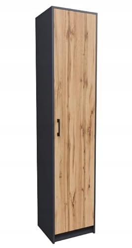 MATKAM Bücherregal Regal R8, B/H/T 39x180x35cm mit Türen, ideal für Büro, Diele Wohnzimmer, Jugend- oder Kinderzimmer, mit verstellbaren Regalböden und satinierte Griffe (Anthrazit Grau-Wotan Eiche)