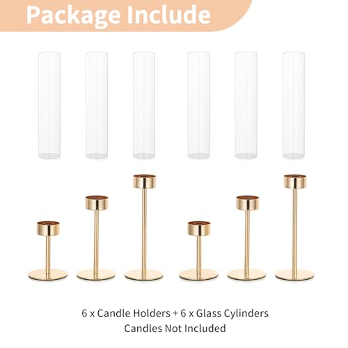 NUPTIO Hurricane Candle Holder for Candlestick: 6 Pcs Gold Taper Candlestick Holders - Tall Modern Candles Stick Decor with Cylinder Shape Cover for Dinner Table Centerpiece by NUPTIO - Image 9