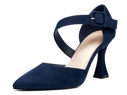 Coutgo Women's One Cross Strap Pumps Pointed Toe Stiletto High Heels Buckle Strap Dress Party Wedding Shoes Navy