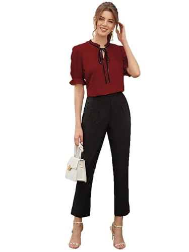 Image of Stylistico Soft Polyester Formal Stylish tie-up Office Solid Western Summer Short v-Neck Casual Plain Puff Half Sleeves Tops for Women Latest