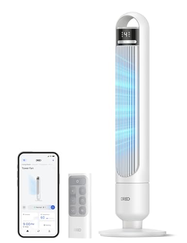 DREO Smart Turmventilator fürs Schlafzimmer, leiser Standventilator mit 28 dB, Luftreichweite bis 8,8 m, 4 Stufen & 3 Modi, 8 Std.-Timer, App, Alexa & Google, 90° Oszillation, für Zuhause/Büro