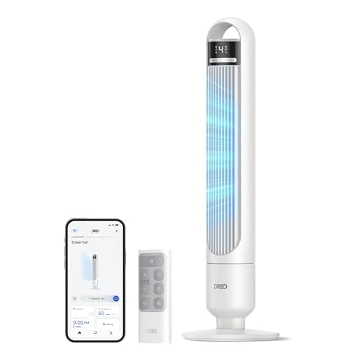DREO Smart Tower Fan for Bedroom, 90° Oscillating Standing Fans for Room with 4 Speeds, 4 Modes, 25dB Quiet for Sleep, 25ft/s Velocity, 8H Timer, Rem