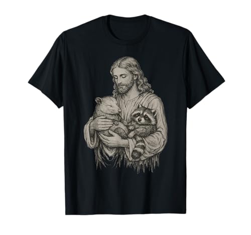 Jesus Holding Opossum and Raccoon Christian Religious Funny T-Shirt