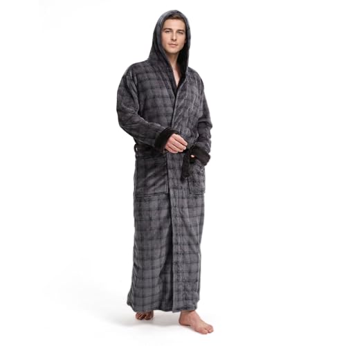 Mens Plush Plaid Hooded Robe, Full Length Fleece Big and Tall Bathrobe with Hood