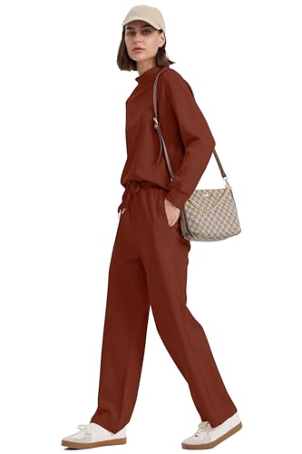 Image of WIHOLL Two Piece Sets for Women Fall Outfits Lounge Sets Mock Neck Tops Wide Leg Pants Vacation Travel Airport Outfits
