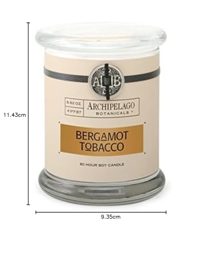 Archipelago Botanicals Scented Candle Hand-Poured Premium Wax, Burns Approx. 60 Hours, Bergamot Tobacco, Soy Candle in Glass Jar, 4.5 Inch, 8.6 oz