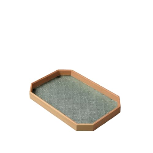 MCSWSEE レトロ 木製トレー ガラス天板 花海棠柄 雲型 楕円デザイン | カフェトレイやお盆トレーとして多用途に活用 おしゃれな盛器に最適な透明ガラスプレート インテリアとしても魅力な収納盆 和洋折衷のテーブルウェア (原色の四辺形) [並行輸入品